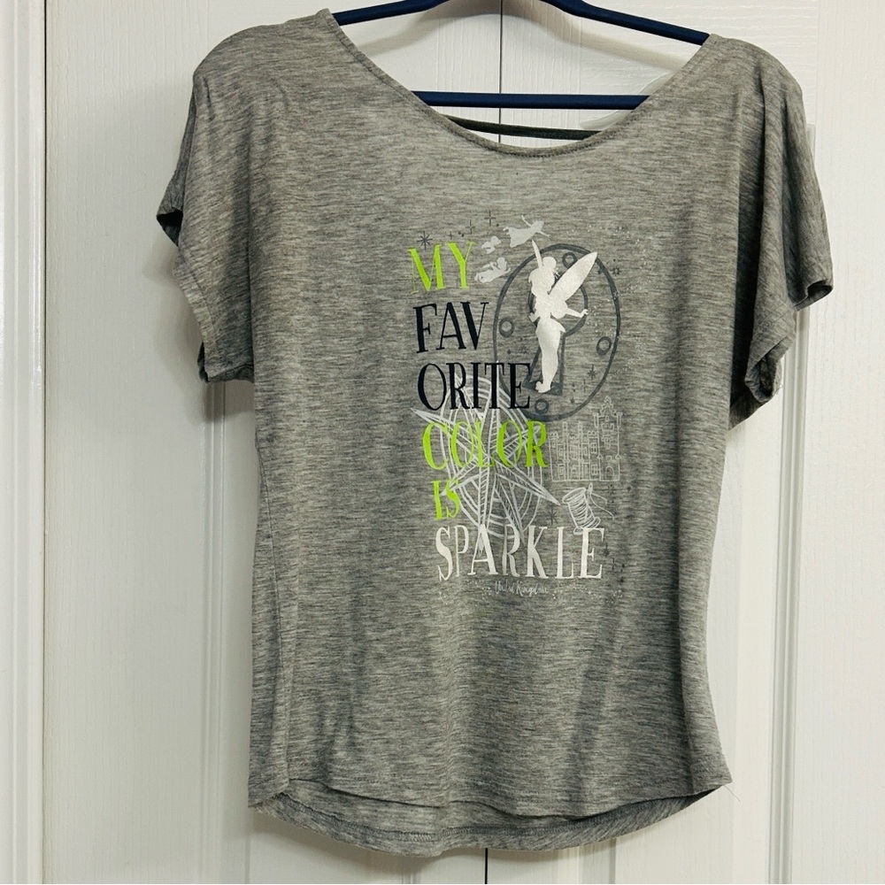 Disney Parks Gray Tee with Tinkerbell and Sparkle Text